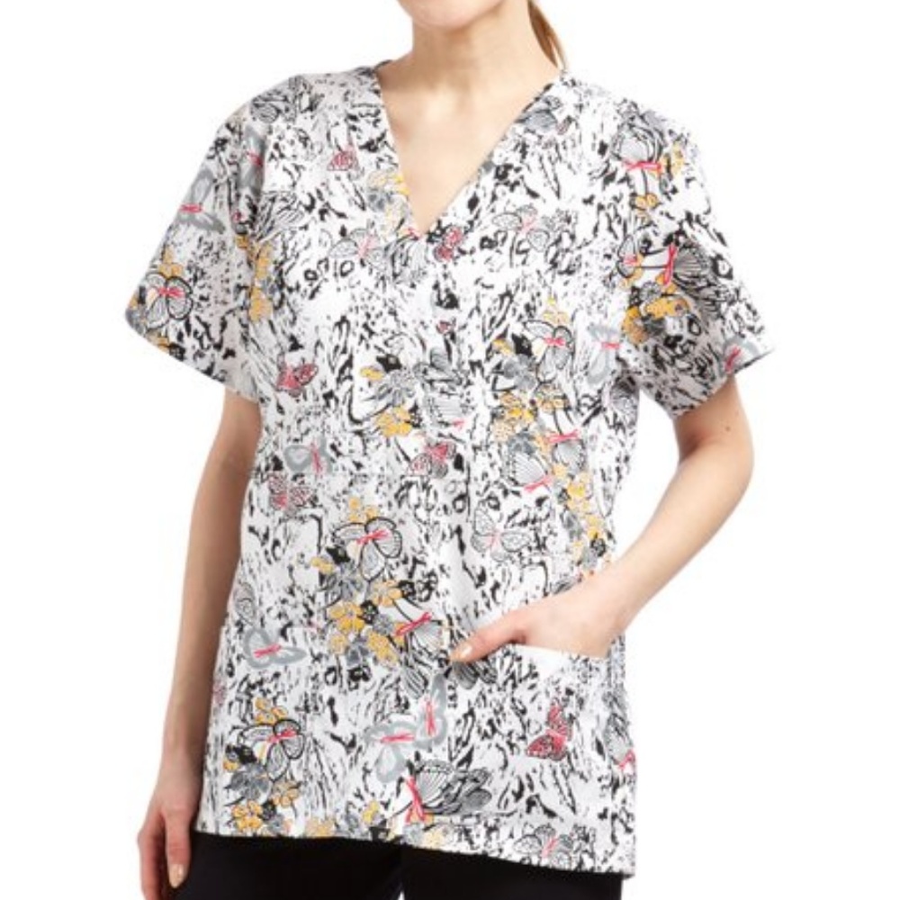White & Gray Butterflies V-Neck Scrub Top Beverly